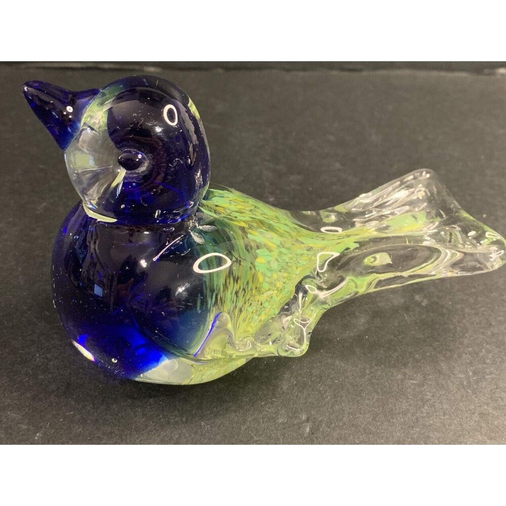 Art Glass Bird Paperweight Blue Green Yellow - Picture 4 of 6